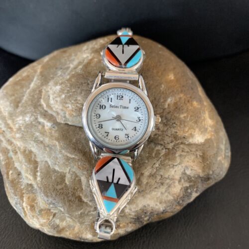 Authentic Native American Zuni Sterling Silver Watch Tips | Onyx, Coral, Turquoise Inlay | Women's | 11577