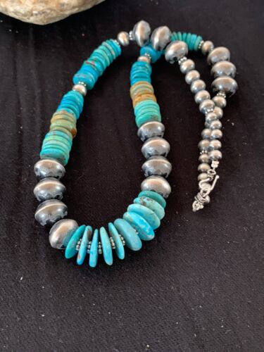 Navajo Blue Green Turquoise Beads Necklace | Sterling Silver | Authentic Native American Handmade | 22" | 4697 - Masha USA