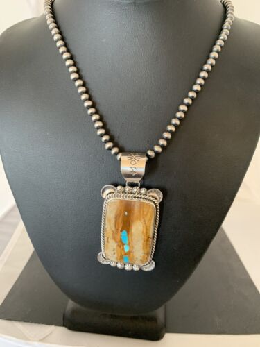 Men's Navajo Pearls Necklace with Boulder Turquoise Pendant | Sterling Silver | Authentic Native American Handmade | 293