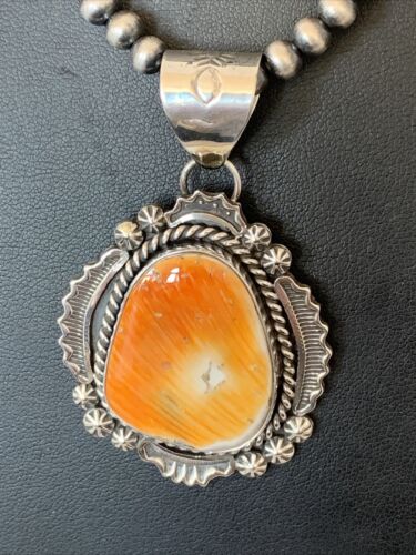 Navajo Orange Spiny Oyster Pendant Necklace | Sterling Silver Pearls | Authentic Native American Handmade | 00777