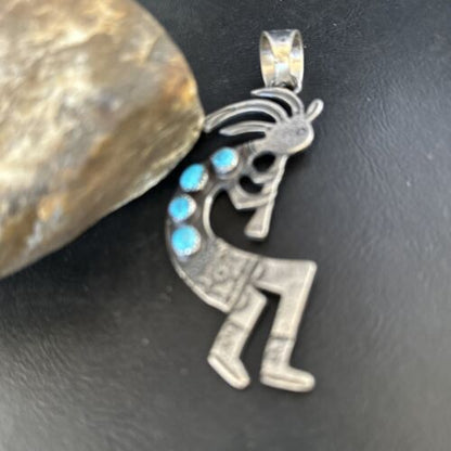Navajo Kingman Turquoise Tufa Cast Kokopelli Pendant | Authentic Native American Sterling Silver | Multi-Stone | 14230