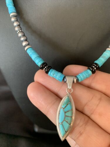 Navajo Inlay Blue Turquoise Onyx Inlay Pendant Necklace | Sterling Silver | Authentic Native American Handmade | 13797