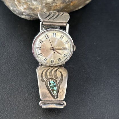 Men's Bear Paw Blue Turquoise Chip Inlay Watch Tips | Navajo Sterling Silver | Authentic Native American Jewelry | 14310