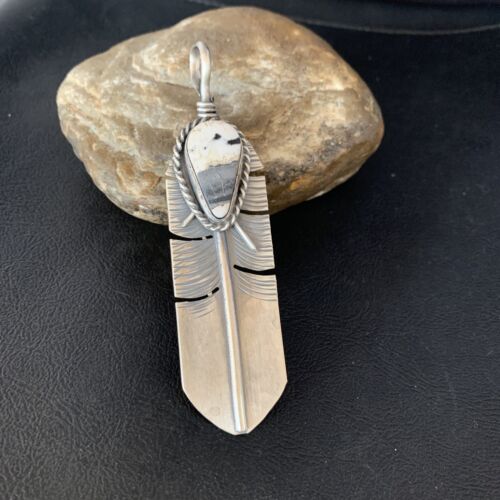 Navajo White Buffalo Turquoise Feather Pendant | Sterling Silver | Authentic Native American Handmade | 13987