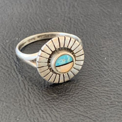Southwestern Women's Navajo Blue Turquoise Pink Coral Inlay Ring | Sz 7.5 | 11206