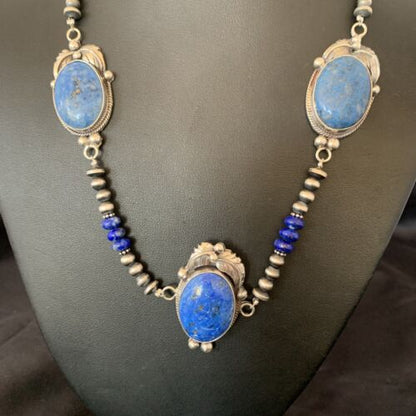 Navajo Pearls Necklace with 3 Stone Blue Denim Lapis Pendant | Sterling Silver | Native American Handmade | 10822