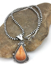 Navajo Orange Spiny Oyster Pendant Necklace | Sterling Silver Pearls | Authentic Native American Handmade | 4883