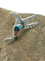 Navajo Hummingbird Pin with Coral Turquoise Inlay | Sterling Silver | Authentic Native American Handmade | 2901