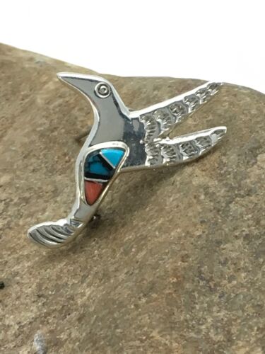 Navajo Hummingbird Pin with Coral Turquoise Inlay | Sterling Silver | Authentic Native American Handmade | 2901