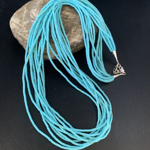 Navajo Blue Turquoise Heishi 10-Strand Liquid Sterling Necklace | 24" | Authentic Native American Handmade | 13424