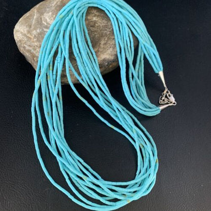 Navajo Blue Turquoise Heishi 10-Strand Liquid Sterling Necklace | 24" | Authentic Native American Handmade | 13424