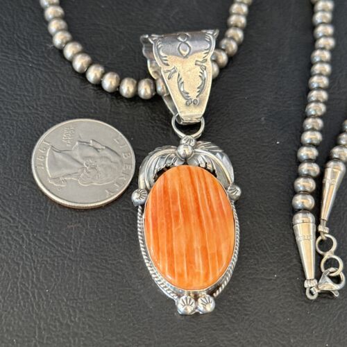 Navajo Pearls Orange Spiny Oyster Necklace Pendant | Sterling Silver | Authentic Native American Handmade | 14717