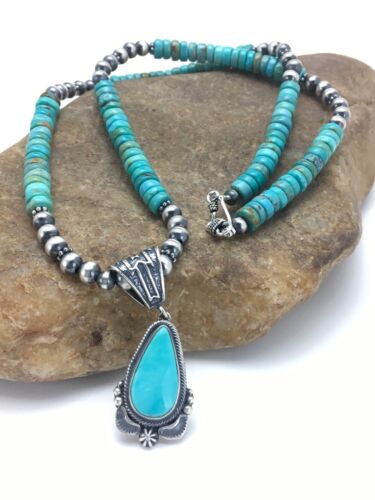 Navajo Blue Turquoise Pendant Necklace | Sterling Silver | Authentic Native American Handmade | 2641 - Masha USA