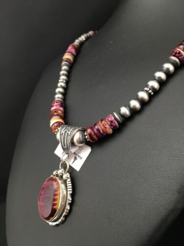 Navajo Purple Spiny Oyster Bead Necklace | Sterling Silver | Authentic Native American Handmade | 4583