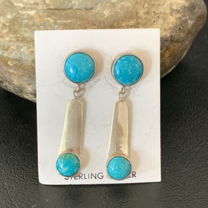 Handmade Navajo Kingman Turquoise Dangle Earrings | Sterling Silver | Authentic Native American | 2044