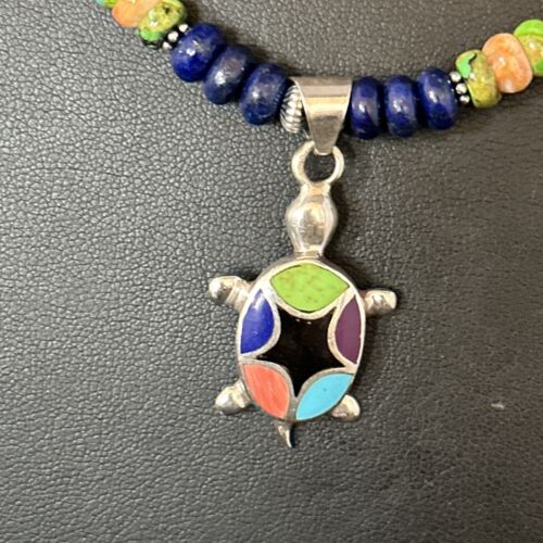 Navajo Green Turquoise and Lapis Inlay Pendant Necklace | Sterling Silver | Authentic Native American Handmade | 14616