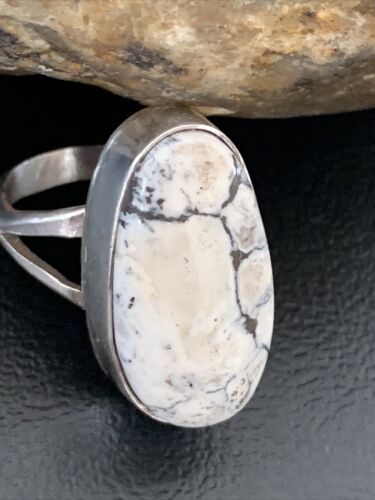 Navajo White Buffalo Turquoise Ring | Sterling Silver | Sz 8 | Authentic Native American Handmade | 01700