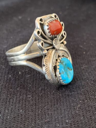 Authentic Navajo Kingman Turquoise & Coral Ring | Sterling Silver | Sz 14 | Native American Jewelry