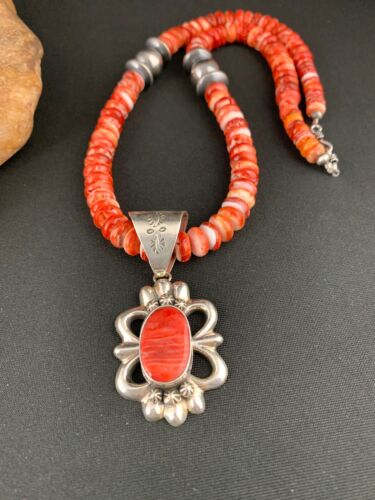 Navajo Red Spiny Oyster Pendant Necklace | Sterling Silver | Authentic Native American Handmade | 4783