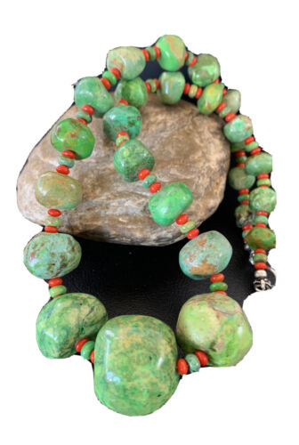 Southwestern Chunky Green Turquoise & Coral Necklace | Sterling Silver | Authentic Native American | 18" | 01843