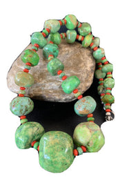 Southwestern Chunky Green Turquoise & Coral Necklace | Sterling Silver | Authentic Native American | 18" | 01843