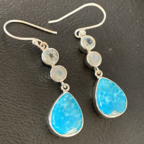 Navajo Blue Kingman Turquoise Earrings | Sterling Silver | Authentic Native American Handmade | 12033