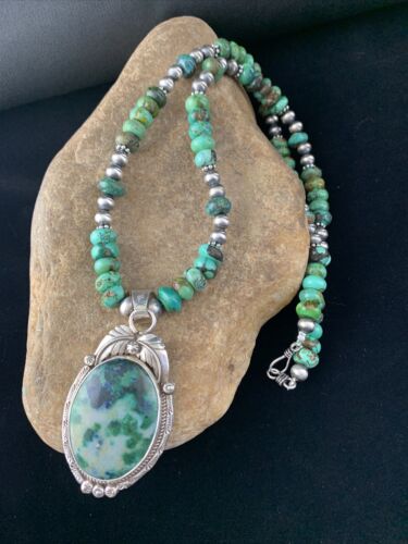 Men's Navajo Turquoise Necklace with Moss Agate Pendant | Sterling Silver | Authentic Native American Handmade | 1626
