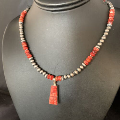 Navajo Pearls Red Spiny Oyster Sterling Necklace | Inlay Pendant | 20" | Native American Jewelry | 13652