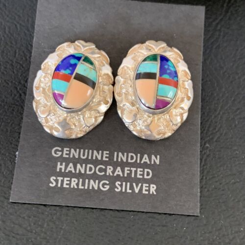 Women's Multi-Color Blue Turquoise Nugget Earrings | Sterling Silver | Authentic Native American Handmade | 13014