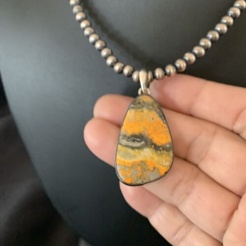 Navajo Yellow Bumblebee Jasper Pendant Necklace | Sterling Silver | Authentic Native American Handmade | 12812