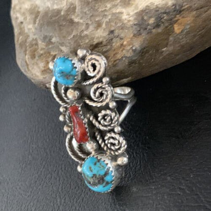 Navajo Kingman Turquoise Coral Ring | Authentic Native American Sterling Silver | Multi-Stone | Sz 8 | 14129
