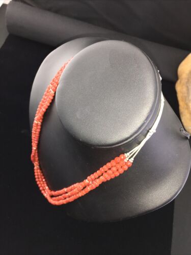 Southwestern Navajo Faceted Red Coral Bead Necklace | Sterling Silver | Authentic Native American Handmade | 01819