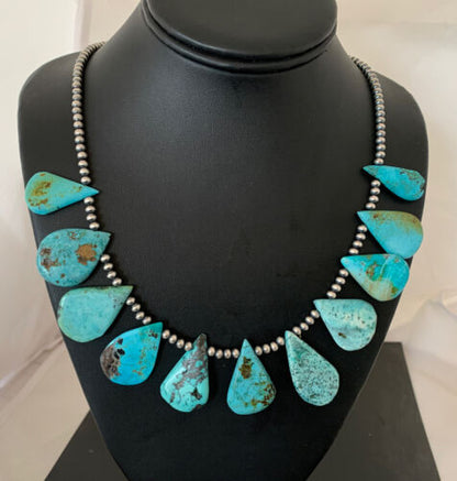 Authentic Native American Navajo Pearls Necklace | Sterling Silver & Blue Turquoise | 1451