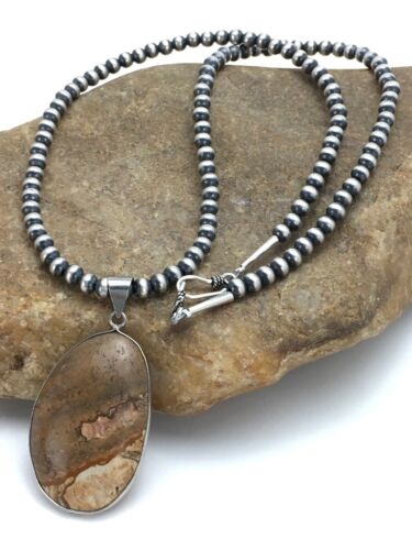 Southwestern Jasper Picture Pendant Necklace | Sterling Silver | 2.25" | Authentic Native American Handmade | 3007