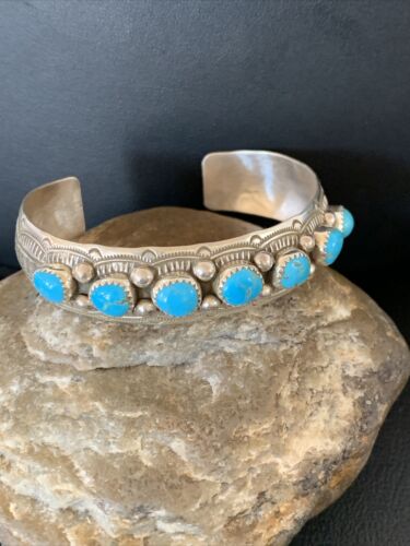 Navajo Kingman Turquoise Cuff Bracelet | Sterling Silver | Leaf Shape | 7 Stones | 12163 - Masha USA