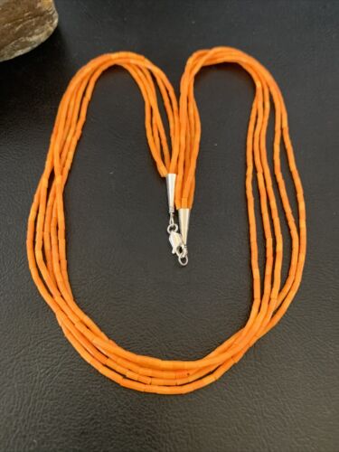 Navajo Orange Coral Heishi Necklace | 5 Strand | Stabilized Sterling | 20" | 02211