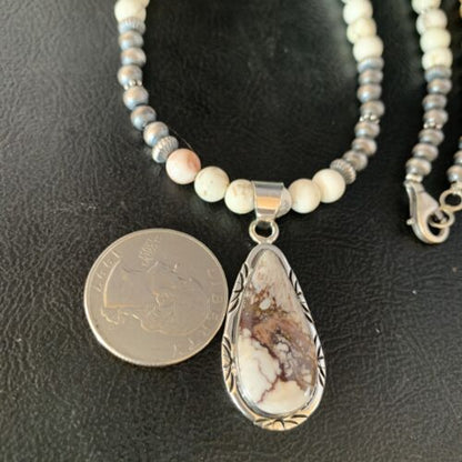 Navajo Pearls Necklace with Wild Horse Turquoise Pendant | Sterling Silver | Authentic Native American Handmade | 13904