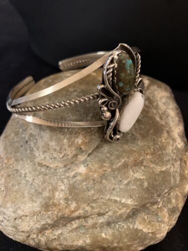 Navajo White Buffalo Turquoise Cuff Bracelet | Sterling Silver | Authentic Native American Handmade | 347