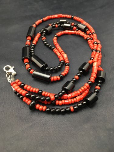 Southwestern Red Coral & Onyx 2-Strand Necklace | Navajo Sterling Silver | Authentic Native American Handmade | 4523