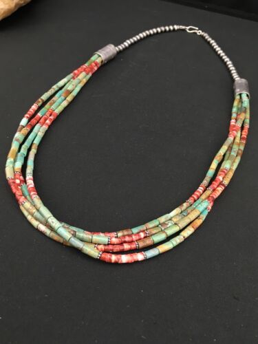 Royston Turquoise & Spiny Oyster Necklace | 4 Strand Navajo Sterling Silver | Authentic Native American Handmade | 4899