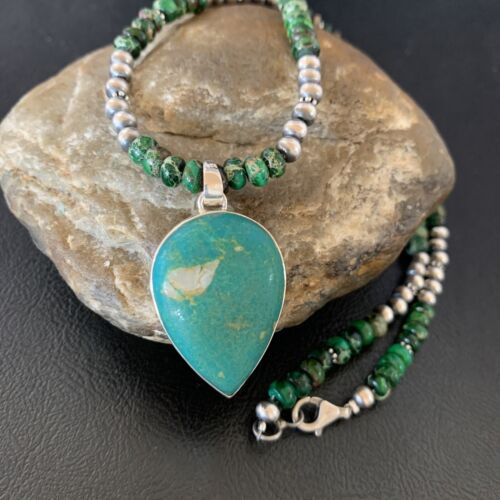 Navajo Green Turquoise Pendant Necklace | Sterling Silver Beads | Authentic Native American Handmade | 13367