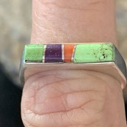 Southwestern Navajo Green Gaspeite Sugilite Red Coral Inlay Ring | Sz 7 | 02252