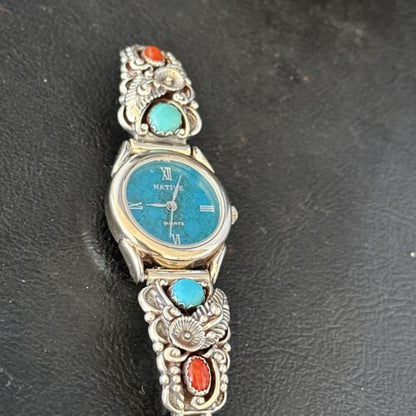 Navajo Blue Turquoise & Coral Watch Tips | Sterling Silver | Authentic Native American Jewelry | 14325