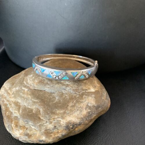 Navajo Blue Fire Opal Inlay Bracelet | Sterling Silver | 7" | Authentic Native American Handmade | 13126