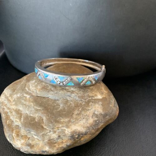 US Old Pawn Navajo Sterling Silver Blue Fire Opal Inlay Bracelet 7" 13126 As is