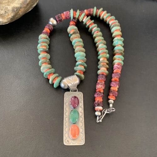 Navajo Royston Turquoise & Red Spiny Oyster Necklace Pendant | Authentic Native American Sterling Silver | Multi-Stone | 11761