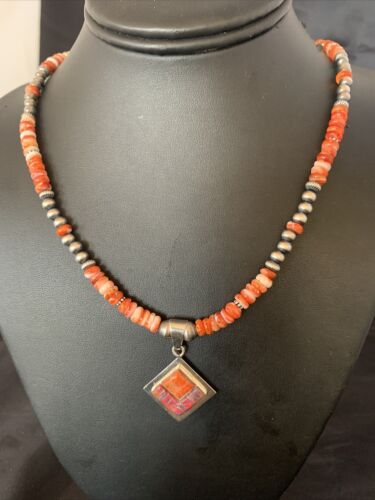Navajo Pearls Red Spiny Oyster Opal Inlay Pendant Necklace | Sterling Silver | 22" | 12705