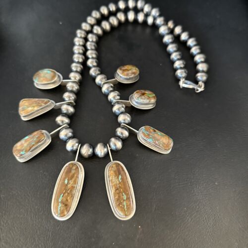 Southwestern Boulder Turquoise Necklace | 23" | Navajo Sterling Silver | Authentic Native American Handmade | 14485