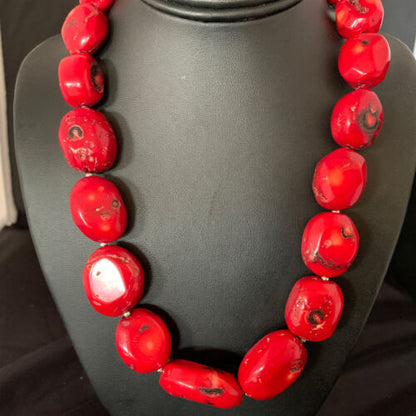 Navajo Red Coral Bead Necklace | Sterling Silver | 22" | Authentic Native American Handmade | 13406 - Masha USA