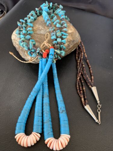 Native American Santo Domingo Spiny Blue Turquoise Shell Jacla Necklace | 3-Strand 27" | 12495